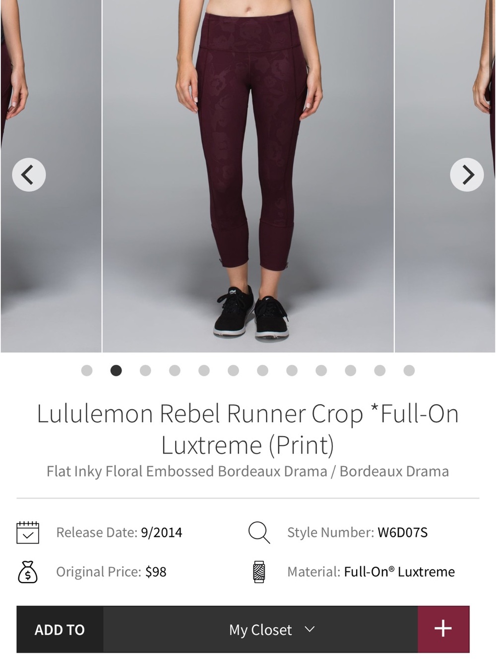 Woman’s size 12 lululemon athletica Crop Leggings in Bordeaux Drama Floral Print